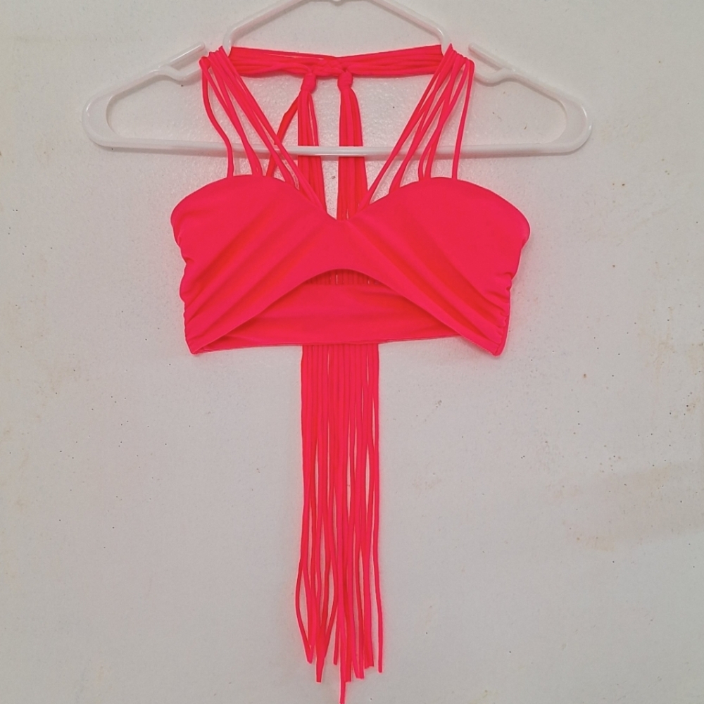 MIKOH Kahala Strappy Fluorescent Orange Halter Bikini Top size small S
